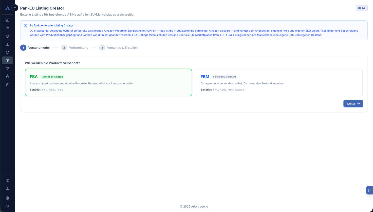 Listing Creator Schritt 1: FBA oder FBM wählen