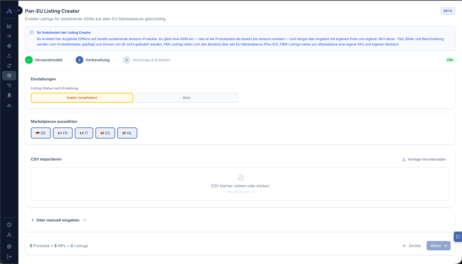 Listing Creator Schritt 2: Marktplätze wählen und CSV hochladen