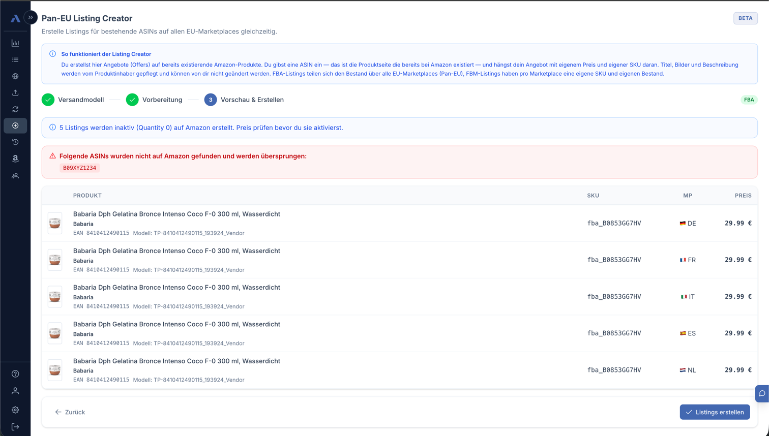 Listing Creator Schritt 3: ASIN-Vorschau und Batch-Erstellung